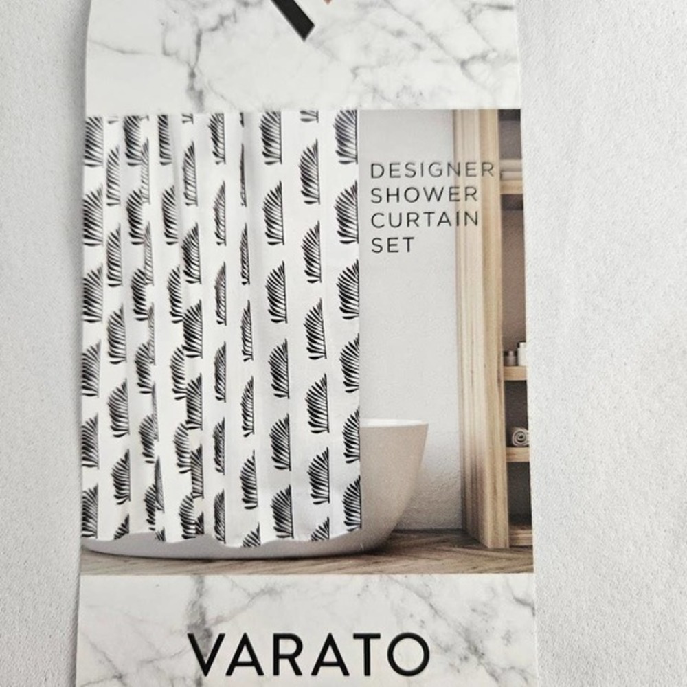 Varato Designer Shower Curtain Set 12‎ Metal Hooks Black White Palm Leaf Pattern - Picture 3 of 4
